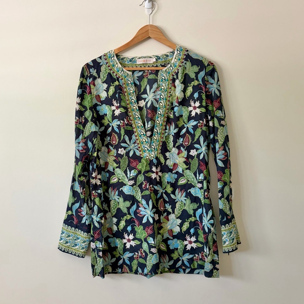 Tory Burch Navy Floral Embroidered V-Neck Tunic